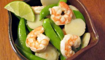 Shrimp, sugar snap pea salad and wasabi-lime vinaigrette