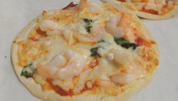 Tortilla Pizza with Roasted Red Pepper Pesto, Shrimp and Basil
