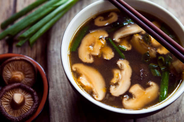 Shiitake mushrooms, Enoki, King trumpet mushroom and  Eringi Asian cuisine  healthy broth.