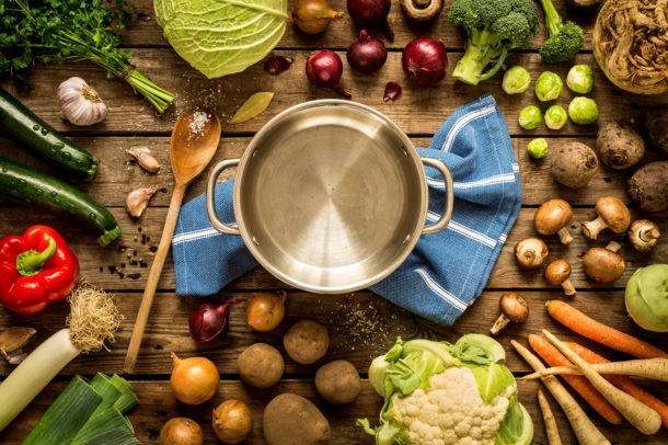 Cooking - empty pot with autumn (fall) vegetables around