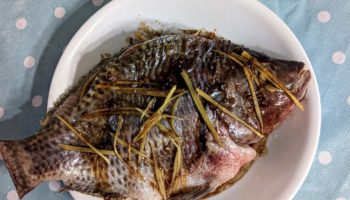 Poisson entier cuit à la vapeur – bar (鱸魚) ou tilapia (羅非魚)