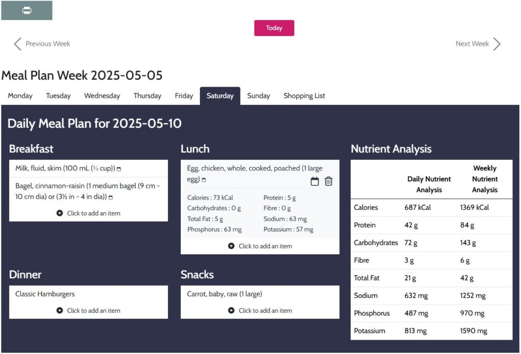 A screen grab of the member only meal planner showing various foods  and recipes added to the members meal plan